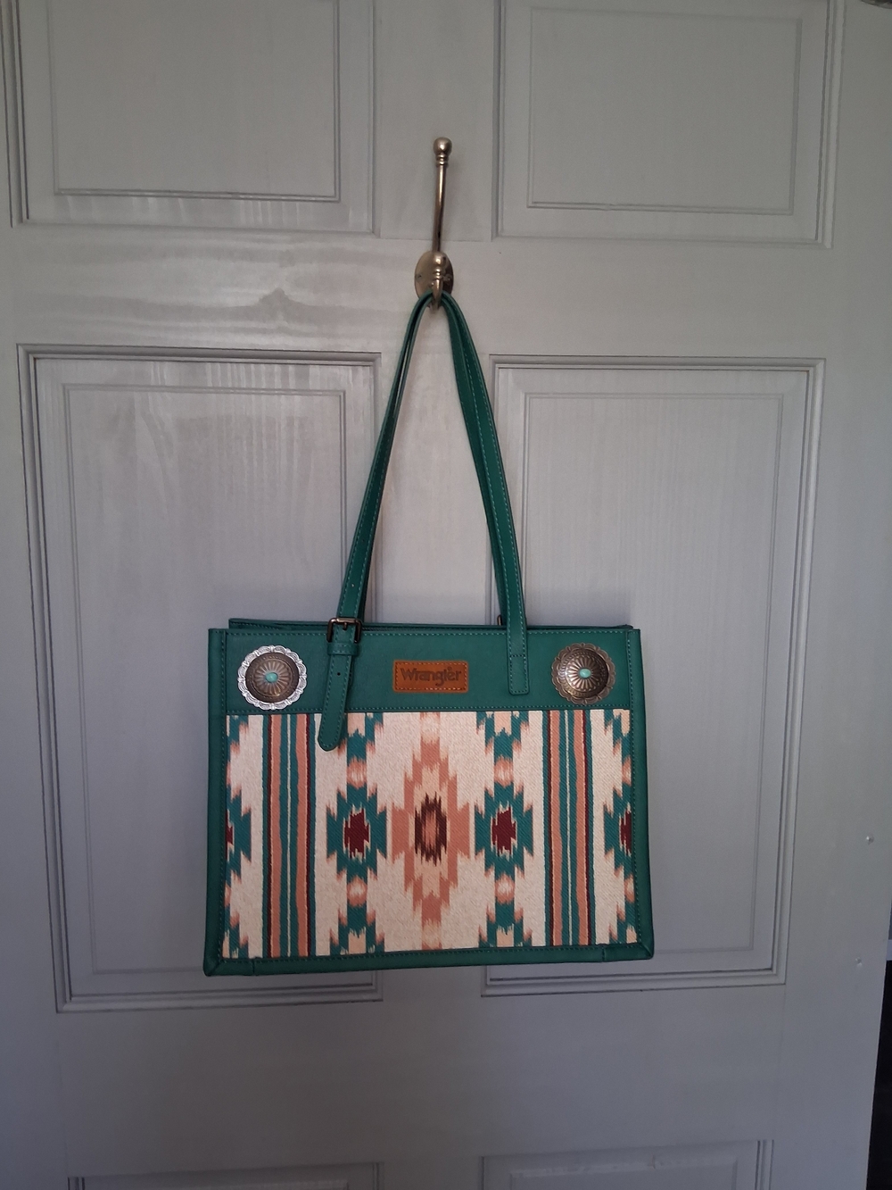 Wrangler Teal Aztec Pattern Tote with Cream and Brown Accents